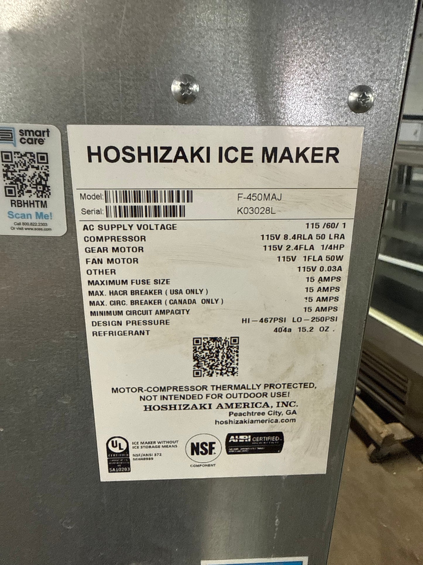 Hoshizaki F-450MAJ 492 Lbs Ice/24Hr Flake Ice Machine with Bin USED