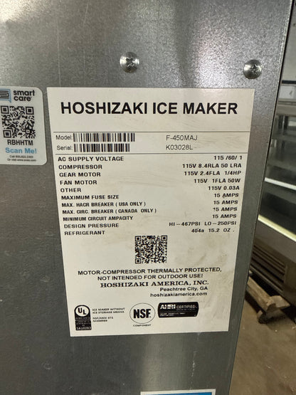 Hoshizaki F-450MAJ 492 Lbs Ice/24Hr Flake Ice Machine with Bin USED