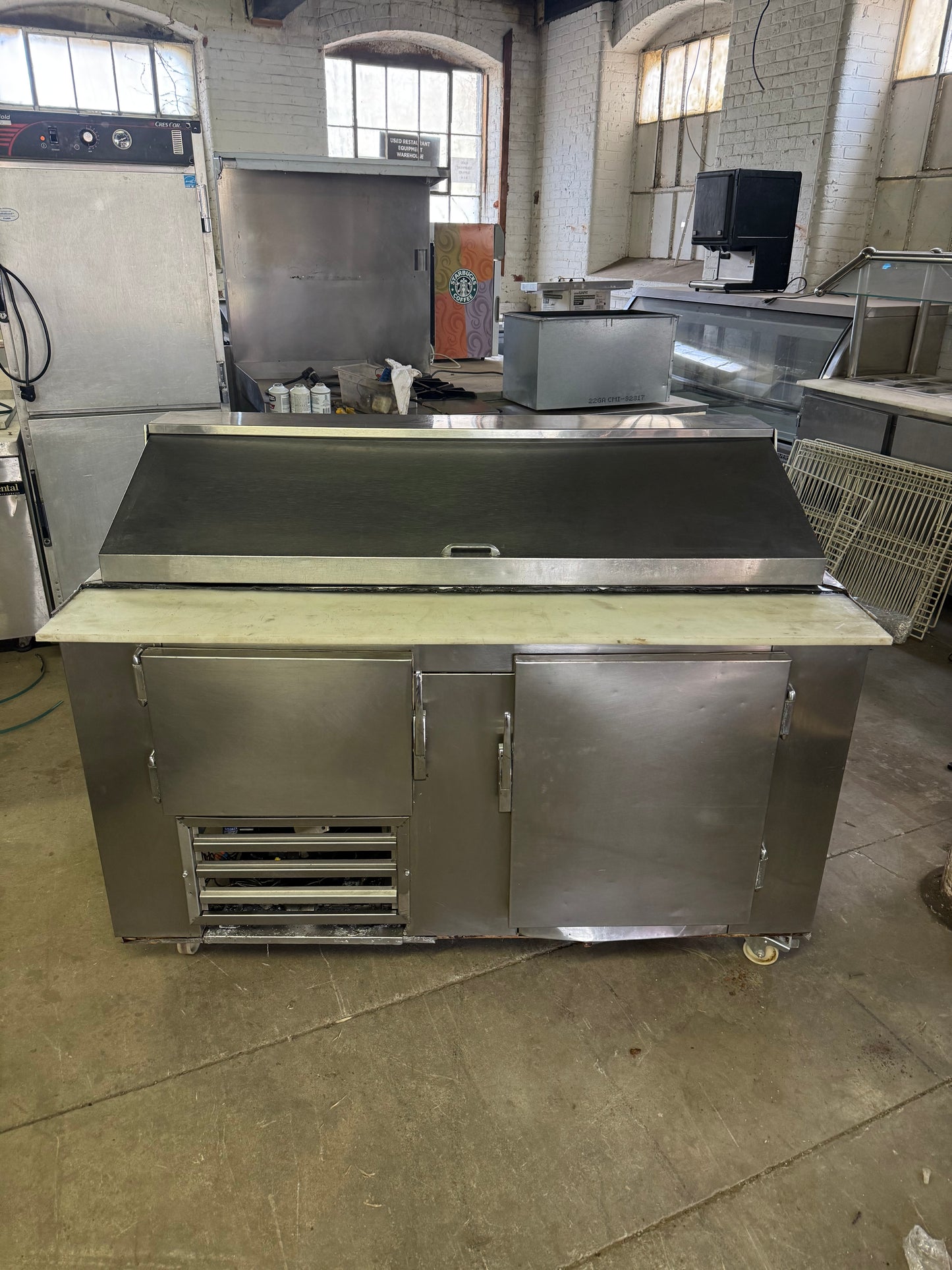 Leader LM60 60" Mega Top Bain Marie Sandwich & Salad Refrigerated Prep Table with 1 Full & 1 Half Door USED