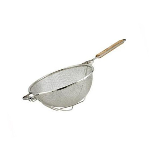 Winco MST-10RB 10-1/2" Double Mesh Stainless Steel Reinforced Bowl with Flat Wooden Handle