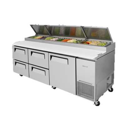 Turbo Air 93.38" Wide Four-Drawer Stainless Steel Super Deluxe Refrigerated Pizza Table