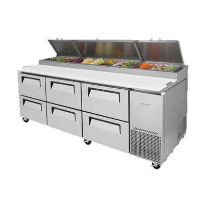 Turbo Air 93.38" Wide Six-Drawer Stainless Steel Super Deluxe Refrigerated Pizza Table