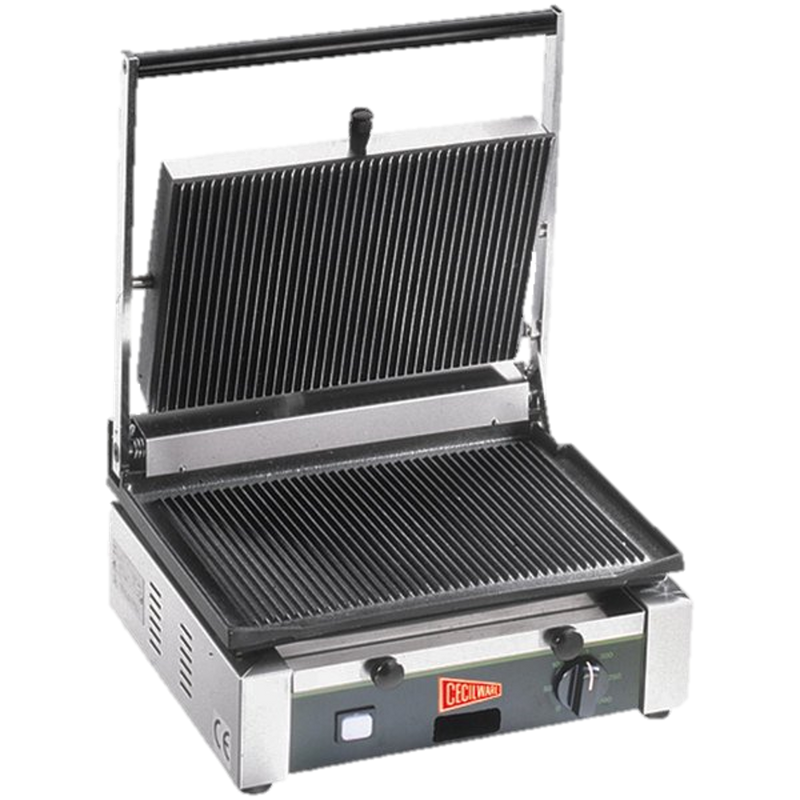 Grindmaster Cecilware Sandwich/Panini Grill Single 14-1/2"W Grooved Surface Stainless Steel