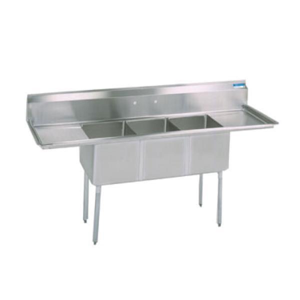 BK Resources BKS-3-2030-14-24T 108"W x 36"D 3 Compartment Sink w/ Two Drainboards