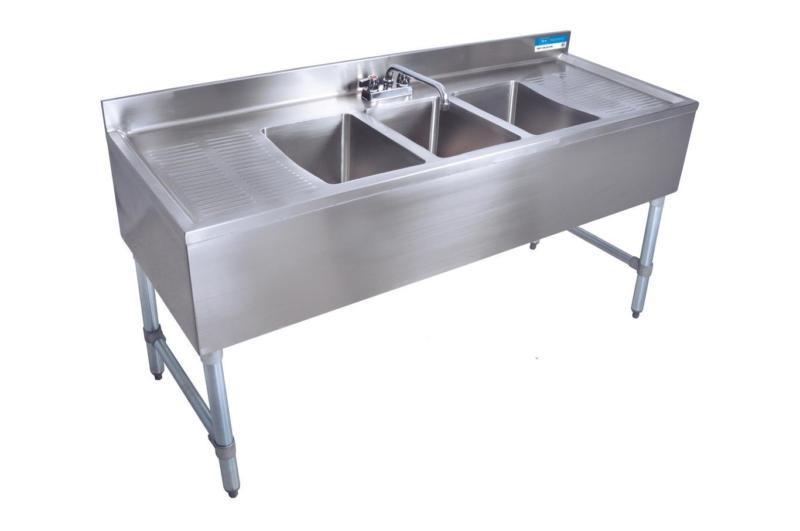 BK Resources BKUBS-372TS 72" Underbar Sink with 3 Bowls and 1 Faucet with Two Drainboard