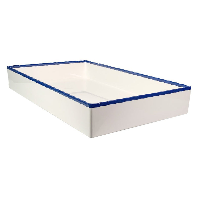 Tablecraft M11765BL White with Blue Trim Straight Sided Rectangular Melamine Tray