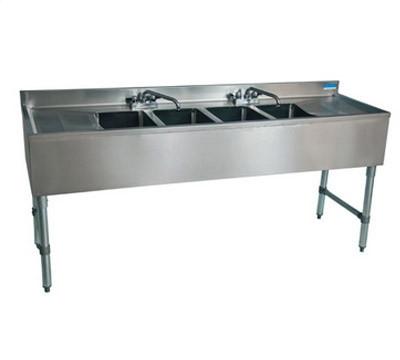 BK Resources BKUBS-496TS 96" Underbar Sink with 4 Bowls and 2 Faucets with Two Drainboard