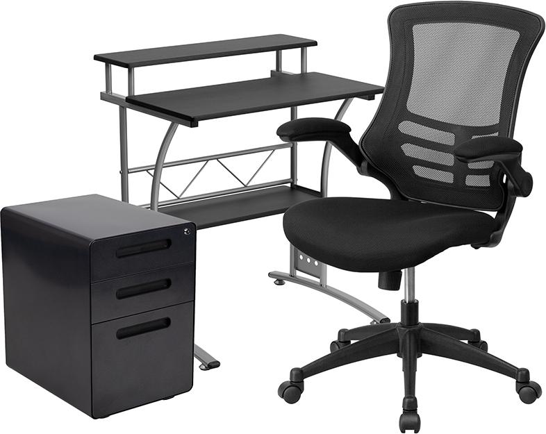 Work From Home Kit - Black Computer Desk, Ergonomic Mesh Office Chair and Locking Mobile Filing Cabinet with Inset Handles