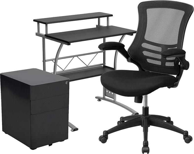 Work From Home Kit - Black Computer Desk, Ergonomic Mesh Office Chair and Locking Mobile Filing Cabinet with Side Handles