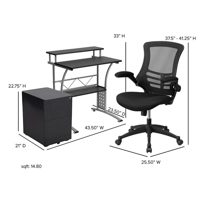 Work From Home Kit - Black Computer Desk, Ergonomic Mesh Office Chair and Locking Mobile Filing Cabinet with Side Handles