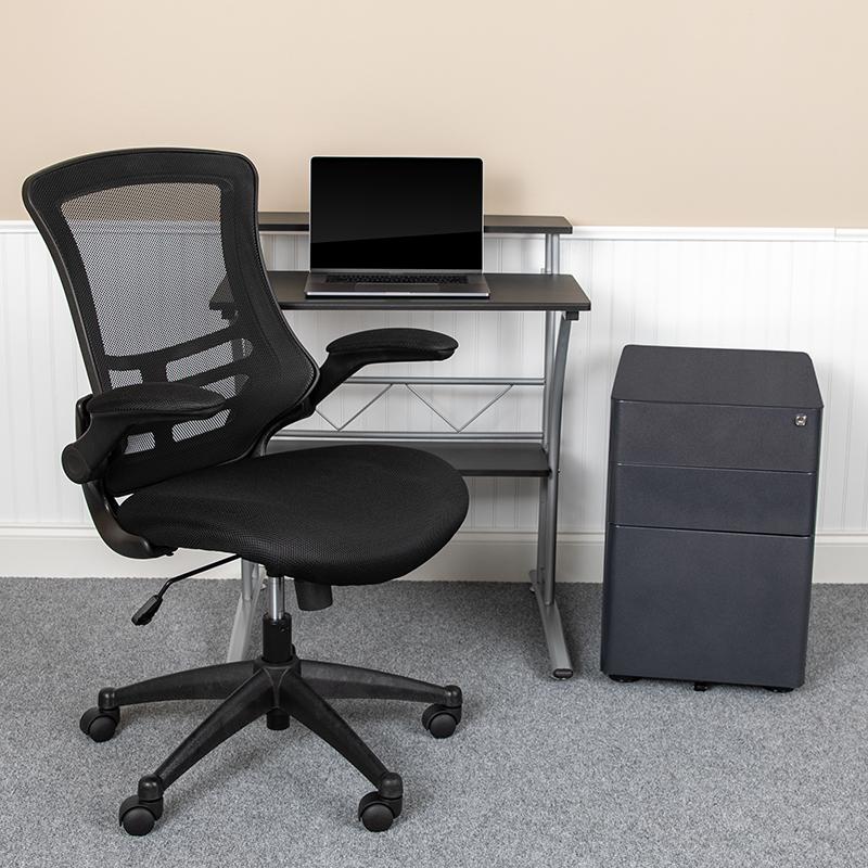 Work From Home Kit - Black Computer Desk, Ergonomic Mesh Office Chair and Locking Mobile Filing Cabinet with Side Handles