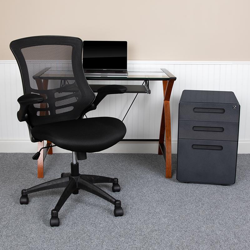 Work From Home Box - Glass Desk with Keyboard Tray, Ergonomic Mesh Office Chair & Filing Cabinet with Lock & Inset Handles