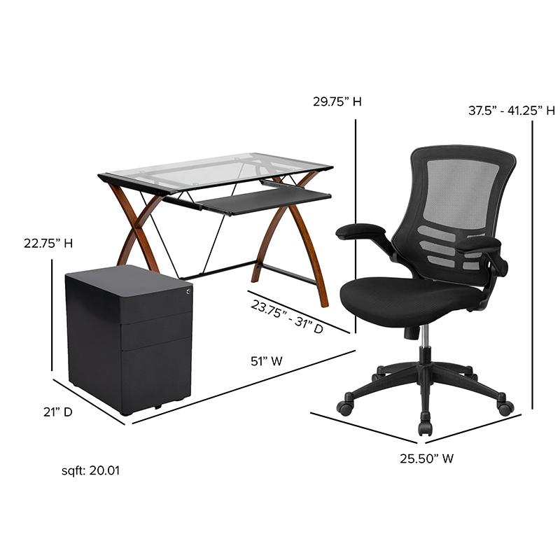 Work From Home Kit - Glass Desk with Keyboard Tray, Ergonomic Mesh Office Chair and Filing Cabinet with Lock & Side Handles