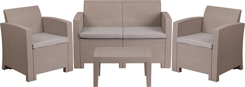 4 Piece Outdoor Faux Rattan Chair, Loveseat and Table Set in Light Gray by Flash Furniture