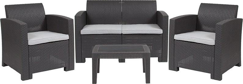 4 Piece Outdoor Faux Rattan Chair, Loveseat and Table Set in Dark Gray by Flash Furniture