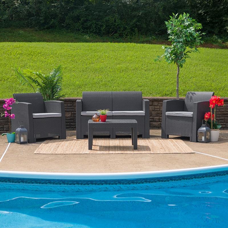 4 Piece Outdoor Faux Rattan Chair, Loveseat and Table Set in Dark Gray by Flash Furniture