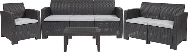 4 Piece Outdoor Faux Rattan Chair, Loveseat, Sofa and Table Set in Dark Gray by Flash Furniture