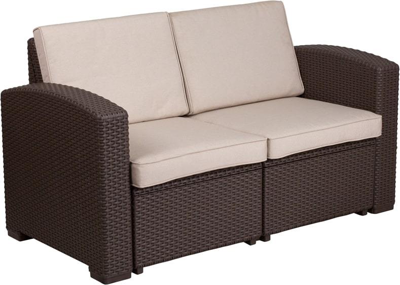 Chocolate Brown Faux Rattan Loveseat with All-Weather Beige Cushions by Flash Furniture