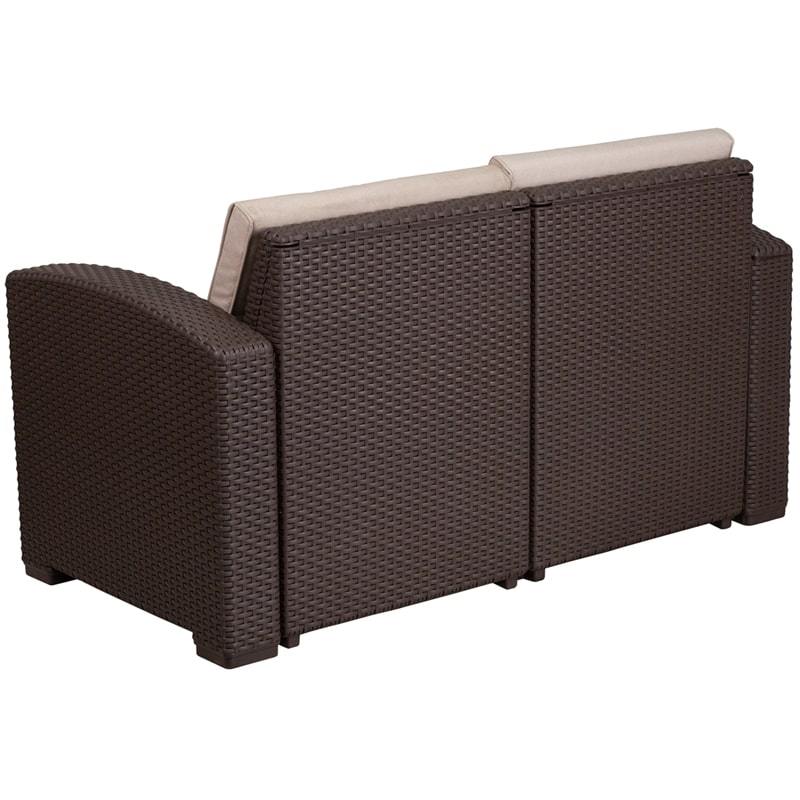 Chocolate Brown Faux Rattan Loveseat with All-Weather Beige Cushions by Flash Furniture