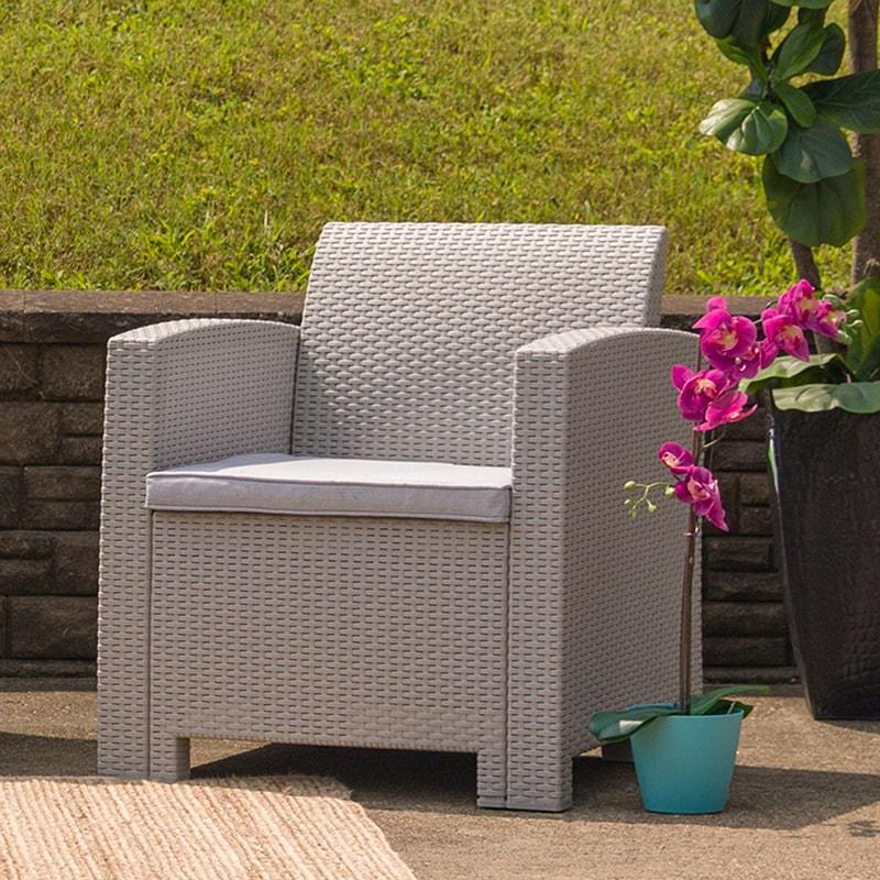 Light Gray Faux Rattan Chair with All-Weather Light Gray Cushion by Flash Furniture