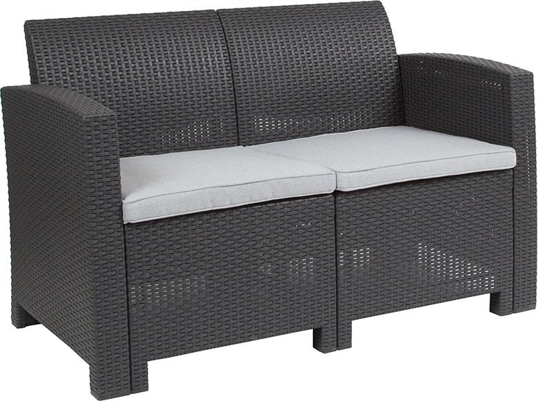 Dark Gray Faux Rattan Loveseat with All-Weather Light Gray Cushions by Flash Furniture