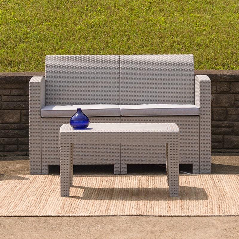 Light Gray Faux Rattan Loveseat with All-Weather Light Gray Cushions by Flash Furniture