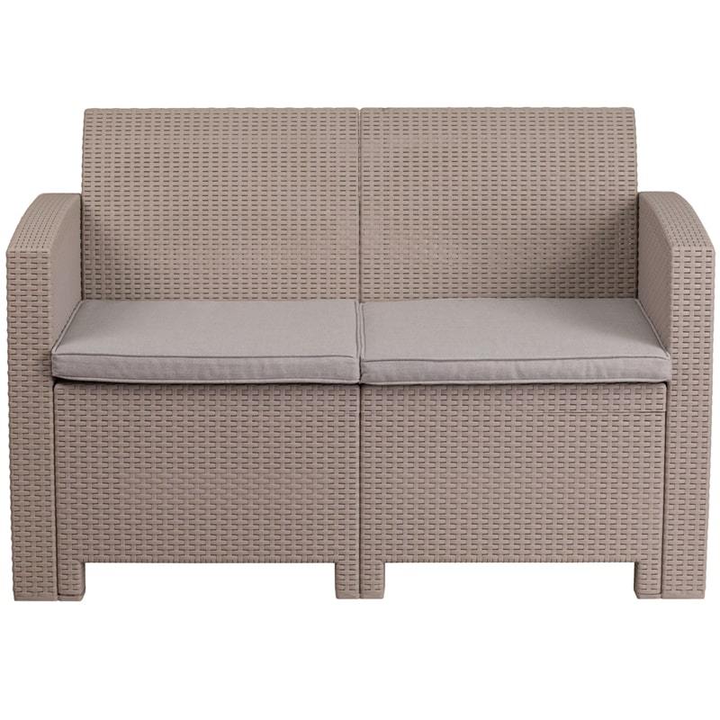 Light Gray Faux Rattan Loveseat with All-Weather Light Gray Cushions by Flash Furniture