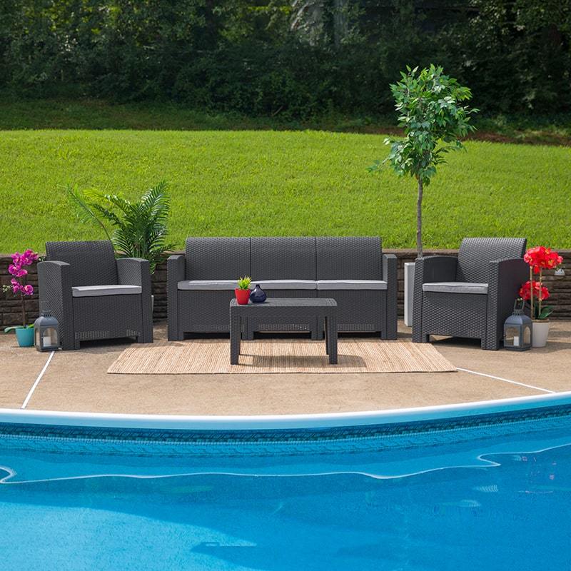 Dark Gray Faux Rattan Sofa with All-Weather Light Gray Cushions by Flash Furniture