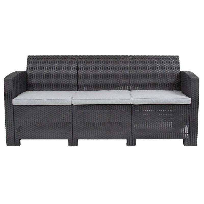 Dark Gray Faux Rattan Sofa with All-Weather Light Gray Cushions by Flash Furniture