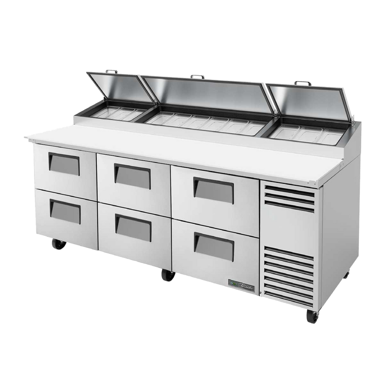 True Stainless Steel Three Section Six Drawer 93"W Pizza Prep Table