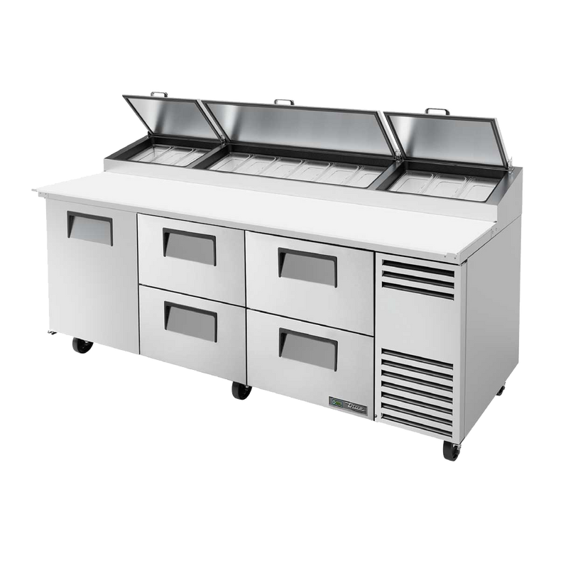 True Stainless Steel Three Section Four Drawer 93"W Pizza Prep Table