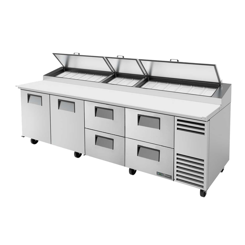 True Stainless Steel Two Door Four Drawer 119"W Pizza Prep Table