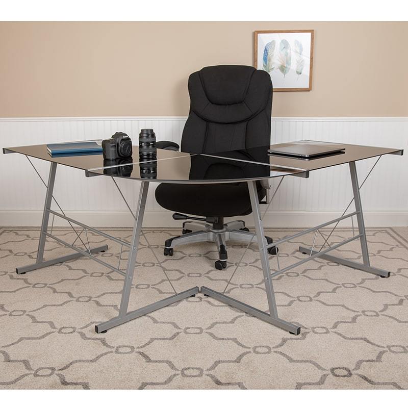 Glass L-Shape Corner Computer Desk with Silver Metal Frame