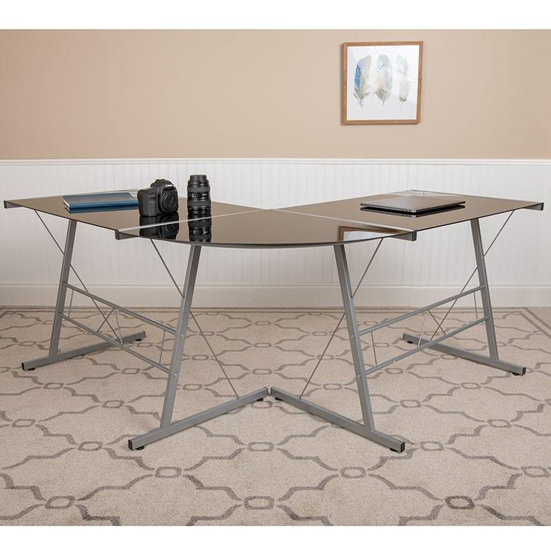 Glass L-Shape Corner Computer Desk with Silver Metal Frame