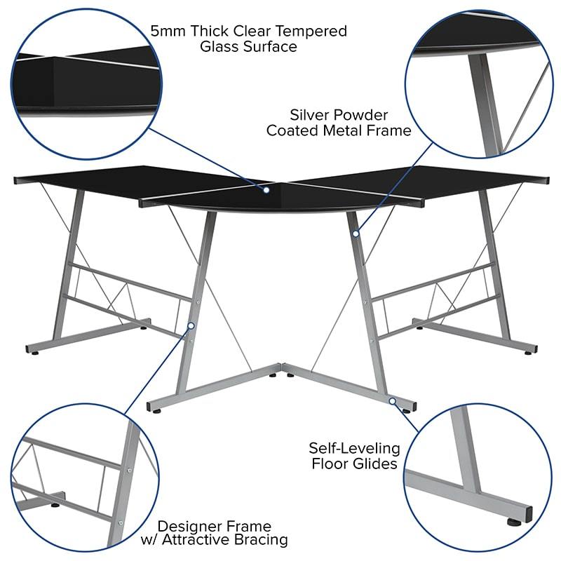 Glass L-Shape Corner Computer Desk with Silver Metal Frame