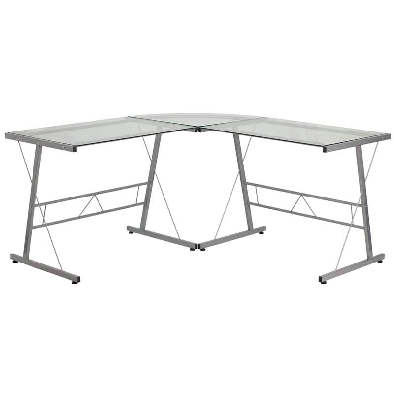 Glass L-Shape Corner Computer Desk with Silver Metal Frame