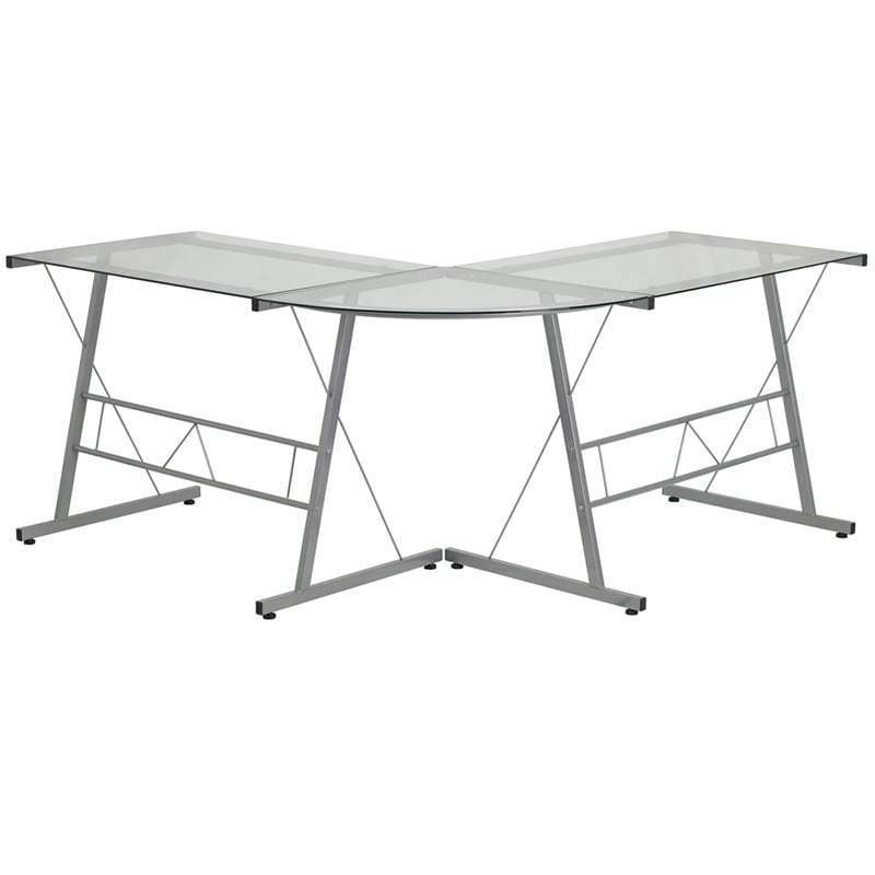 Glass L-Shape Corner Computer Desk with Silver Metal Frame