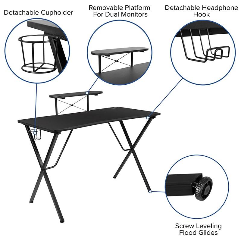 Black Gaming Desk with Cup Holder, Headphone Hook, and Monitor/Smartphone Stand by Flash Furniture