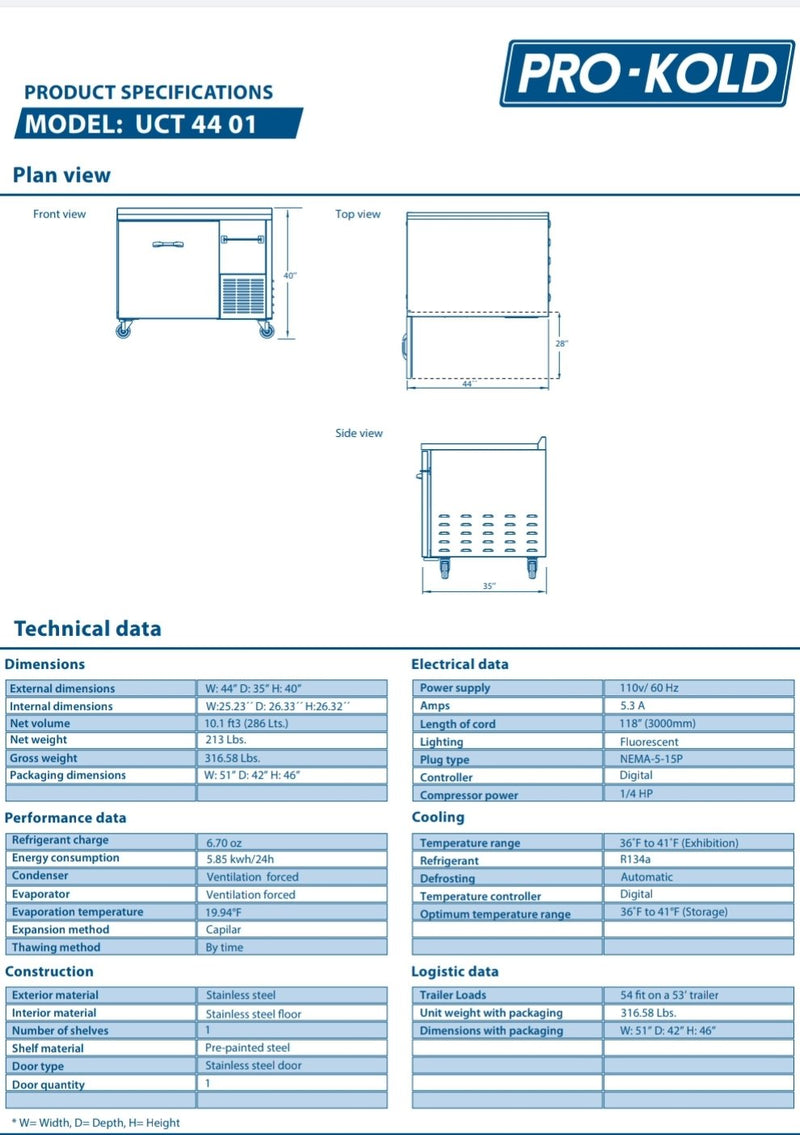 Pro-Kold UCT-44-01 Single Door 44" Refrigerated Work Table