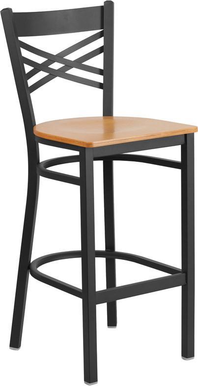 Flash Furniture XU-6F8BXBK-BAR-NATW-GG HERCULES Series Black ''X'' Back Metal Restaurant Barstool - Natural Wood Seat