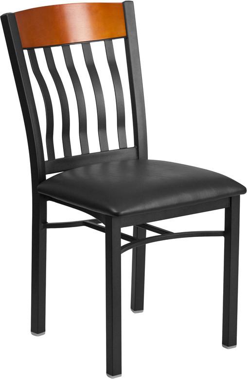 Eclipse Series Vertical Back Black Metal and Cherry Wood Restaurant Chair with Black Vinyl Seat