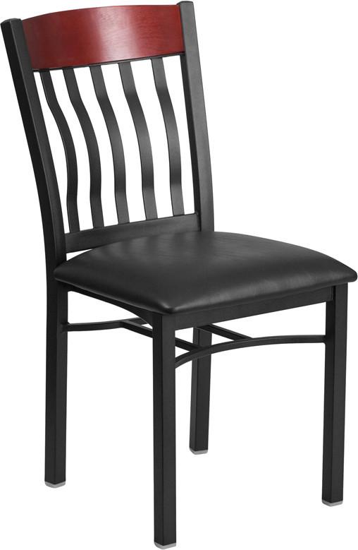 Eclipse Series Vertical Back Black Metal and Mahogany Wood Restaurant Chair with Black Vinyl Seat