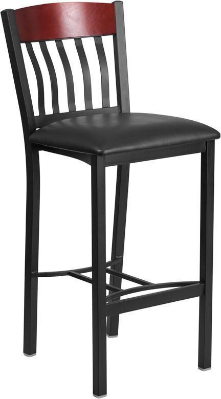 Eclipse Series Vertical Back Black Metal and Mahogany Wood Restaurant Barstool with Black Vinyl Seat