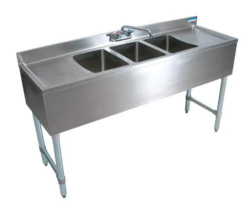 BK Resources BKUBW-360TS Three Compartment 60" Slim-Line Underbar Sink with Two Drainboards