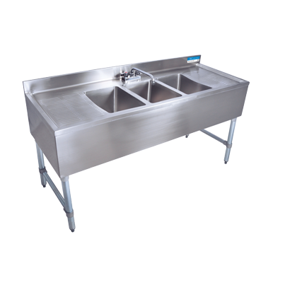 BK Resources BKUBS-396TS 96" Underbar Sink with 3 Bowls and 1 Faucet with Two Drainboard