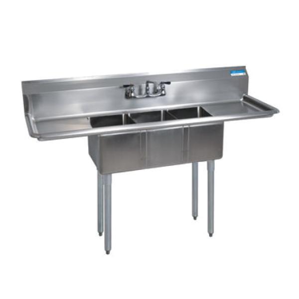 BK Resources BKS-3-1014-10-15T 3 Compartment Sink w/15" Left and Right Drainboards