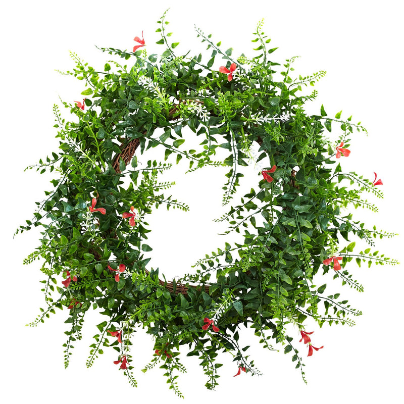 18" Floral & Fern Double Ring Wreath w/Twig Base