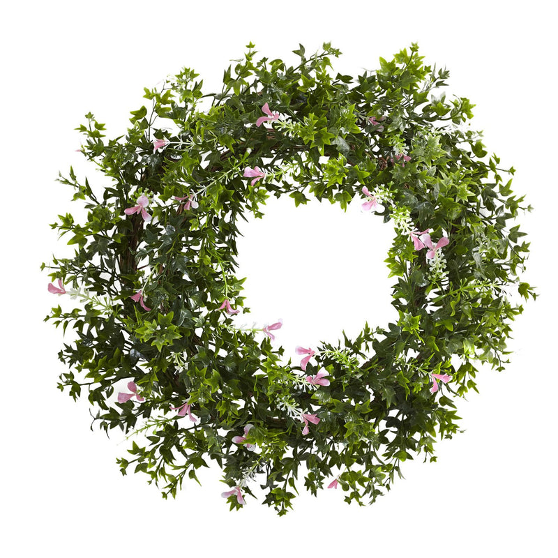 18" Mini Ivy & Floral Double Ring Wreath w/Twig Base