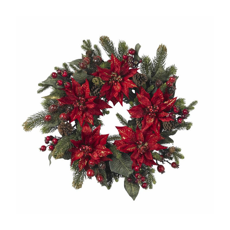 Nearly Natural 24" Poinsettia And Berry Wreath