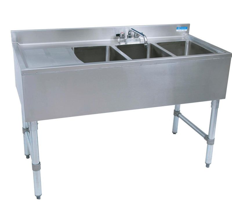 BK Resources BKUBS-348LS 48" Underbar Sink with 3 Bowls and 1 Faucet with Left Drainboard